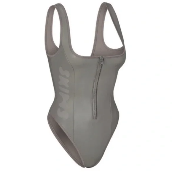 SKIMS Rubberized Scuba Zip-Front Scoop Neck One Piece Swimsuit